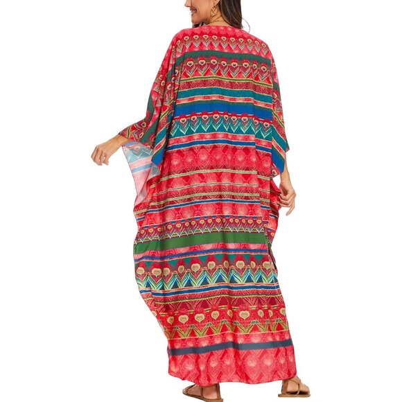 Women's Red Print 100% Polyester V Neck Summer Beach Dresses Cover Caftan Maxi - Picture 2 of 5